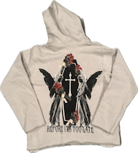 a hoodie with a cross and angels on it